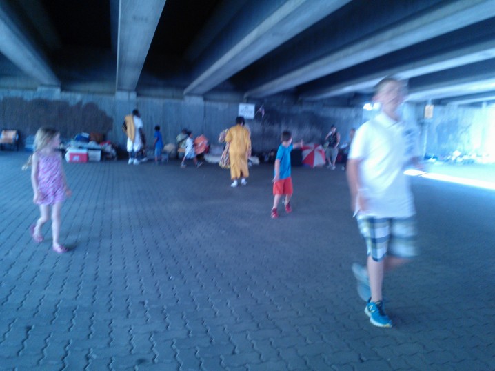 blanketsgone All the blankets are gone!!! Still some more food. Under the 9th street bridge they already set up new warm beds. The kids just asked why they said "god bless you" to us so many times.
